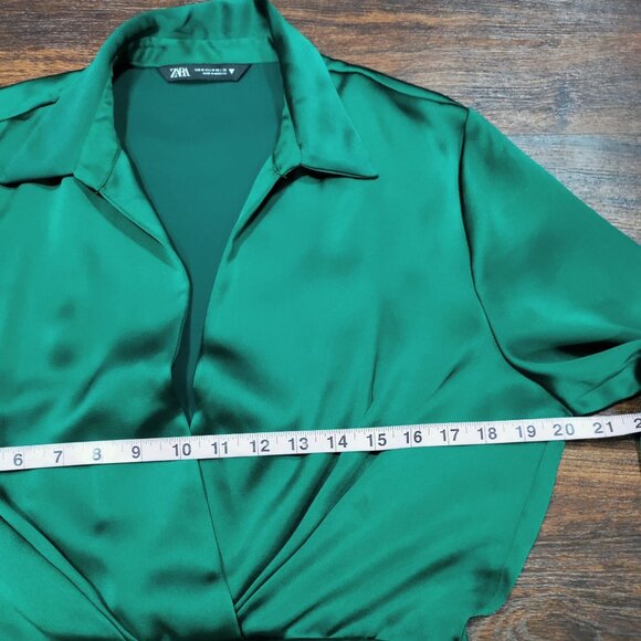 Zara Glamour Chic Collared Satin Effect Wrap Mini Dress Green Women's Medium - Picture 8 of 9